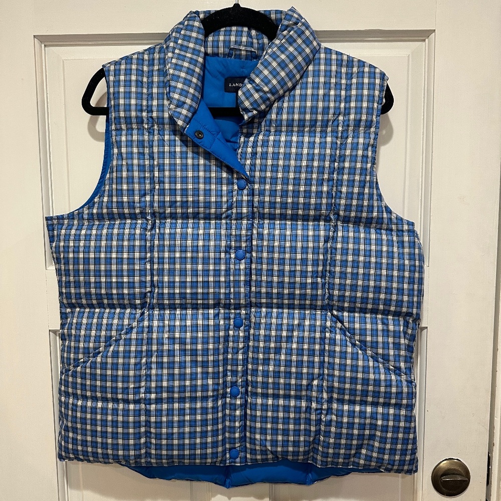 Lands' End Down Puffer Vest Snap Front Women’s L 14-16 Navy Blue White Plaid